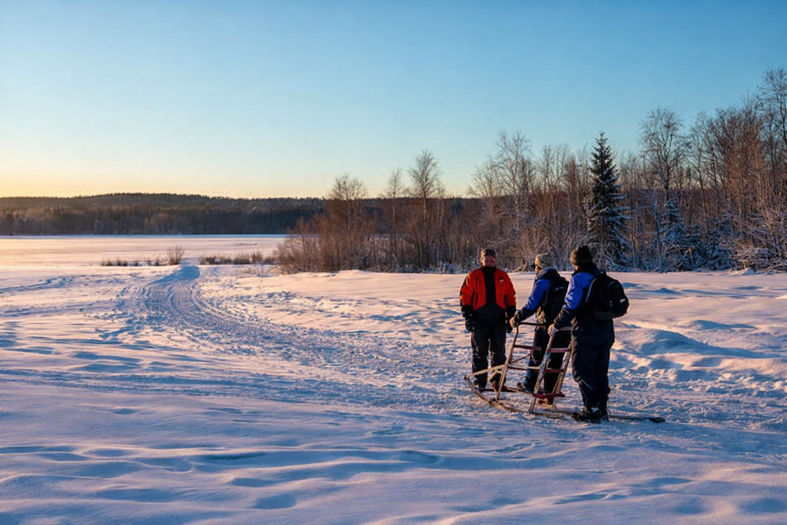 Randonnée hivernale en raquettes avec pulka dans un décor enneigé nordique au coucher du soleil