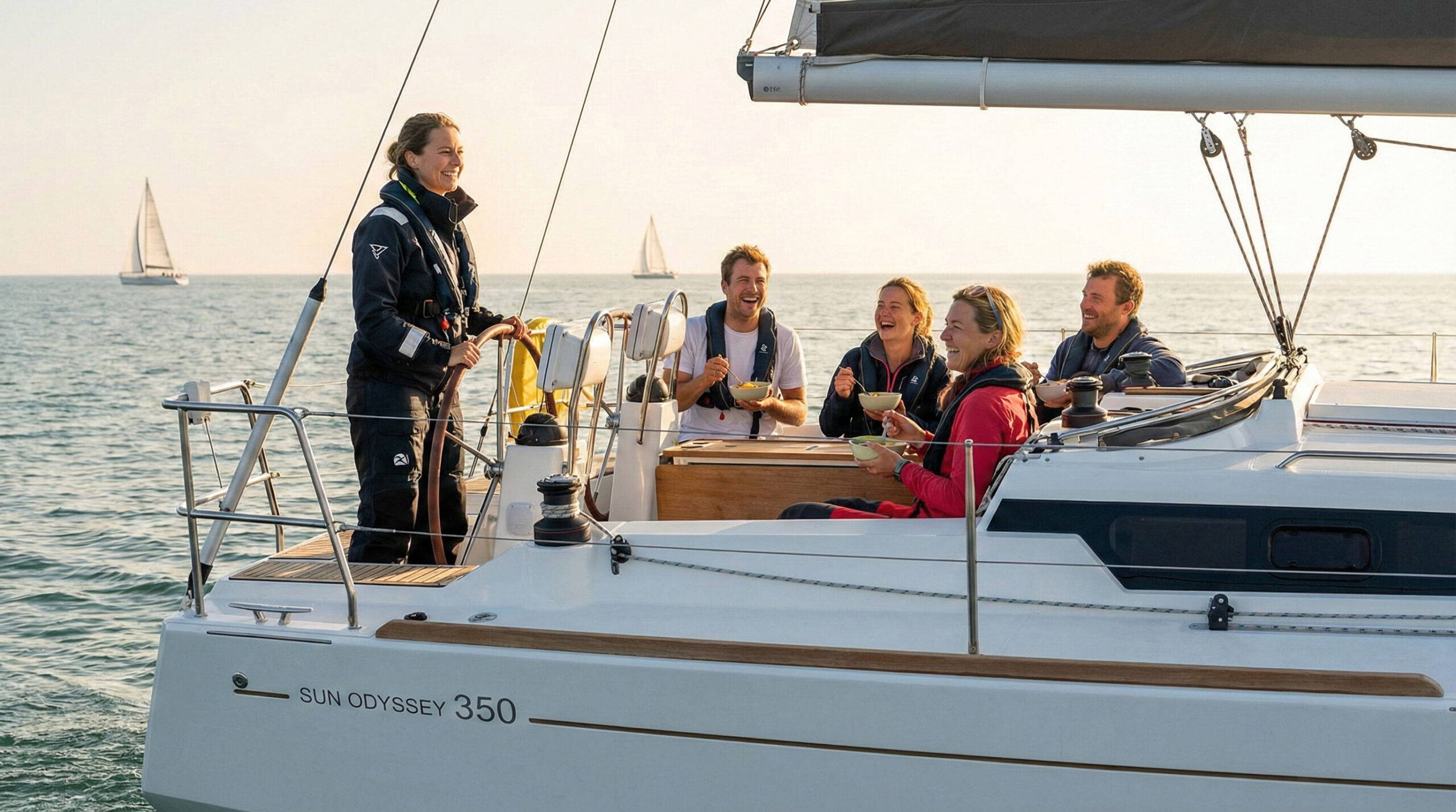Groupe en navigation sur un voilier avec équipage détendu, expérience de croisière en mer