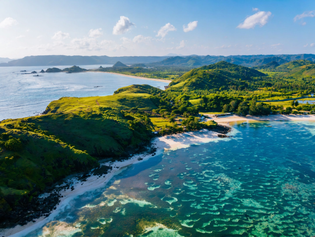 Vue aérienne d’une baie tropicale avec eau turquoise, plages de sable blanc et collines verdoyantes sous ciel dégagé