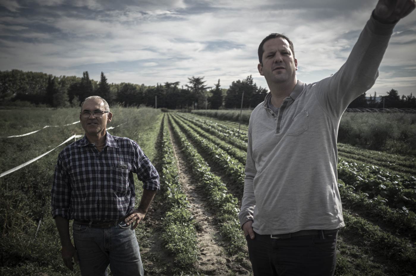 Chef et producteur dans un champ en Provence, illustrant le lien entre cuisine et terroir au Mas Bottero