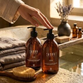 Soins Terre de Mars en flacons ambrés dans une salle de bain naturelle avec serviettes, brosse et lumière douce.