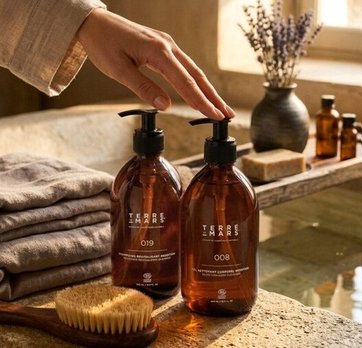Soins Terre de Mars en flacons ambrés dans une salle de bain naturelle avec serviettes, brosse et lumière douce.