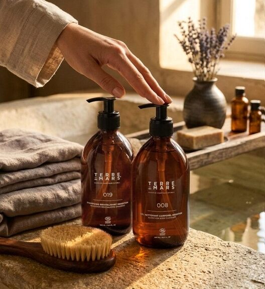 Soins Terre de Mars en flacons ambrés dans une salle de bain naturelle avec serviettes, brosse et lumière douce.