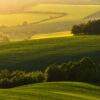 : Collines verdoyantes au coucher du soleil dans la campagne normande