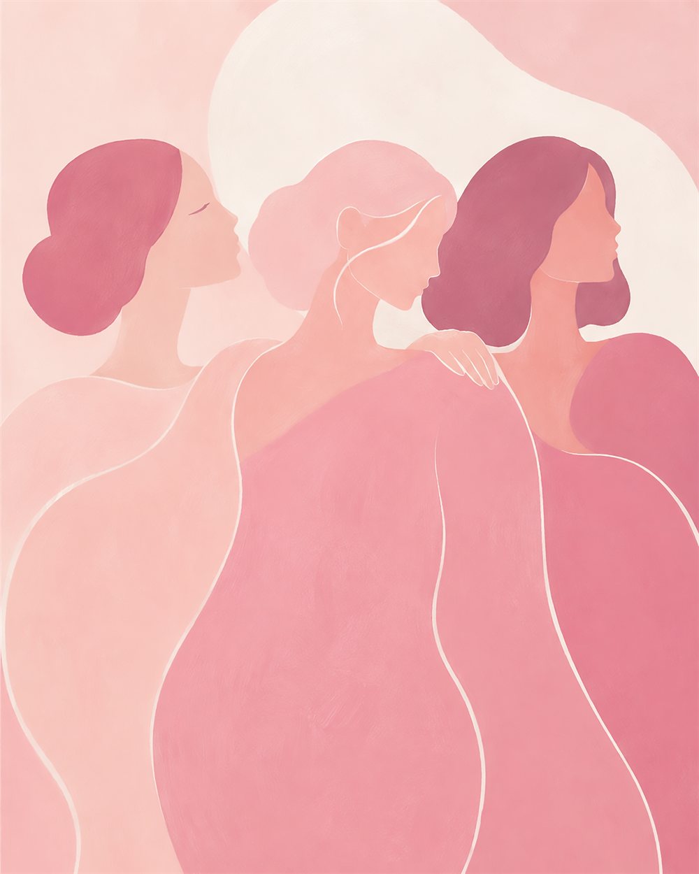Illustration de trois femmes stylisées en tons rose, campagne Octobre Rose 2026 Akinod
