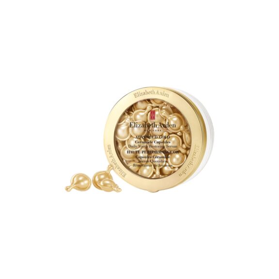 Pot Elizabeth Arden Advanced Gold Ceramide Capsules ouvert révélant les capsules dorées