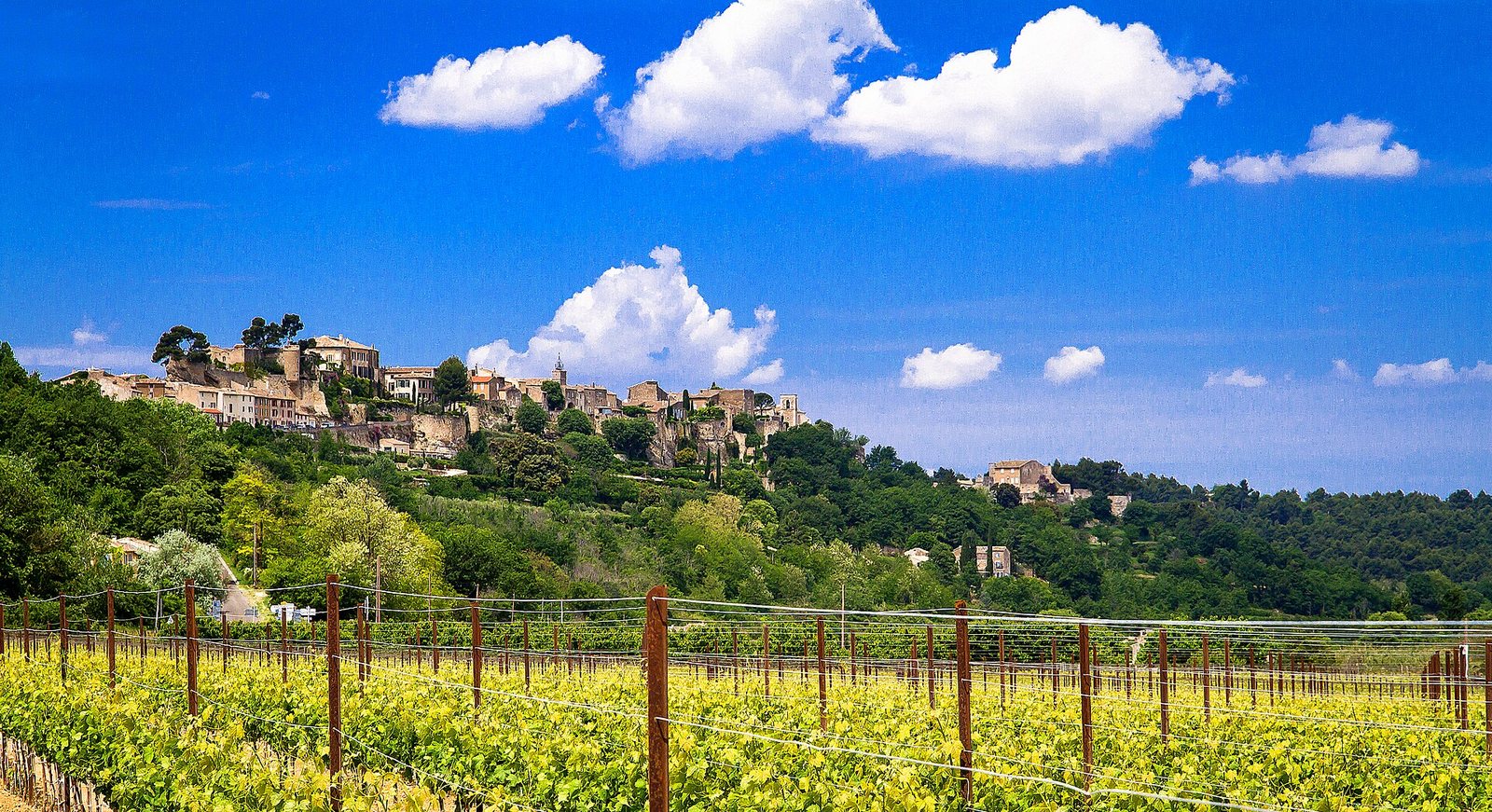 Le village perché de Ménerbes dominant un vignoble du Luberon sous un ciel bleu