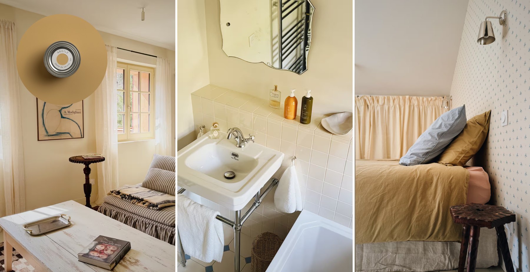 Pastille de peinture jaune pâle Jaune de Vérone, chambre et salle de bains aux tons dorés d'un cottage