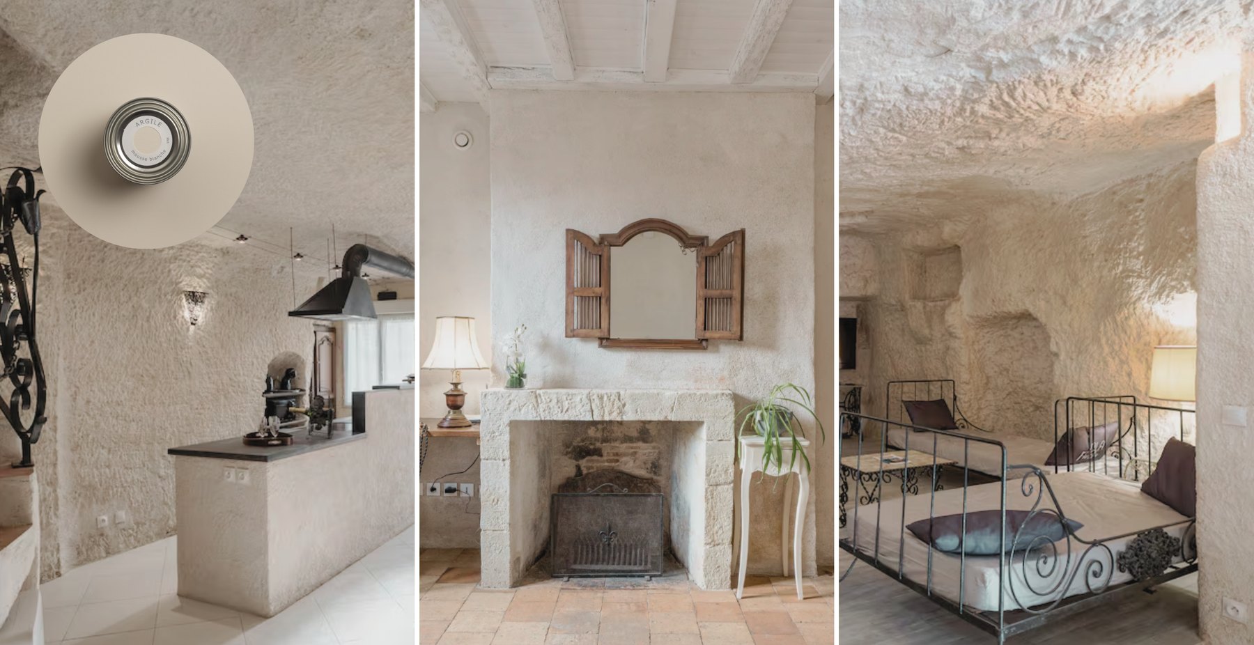 Pastille de peinture blanc grisé Mousse Blanche, cuisine et chambre creusées dans la roche d'une maison troglodyte