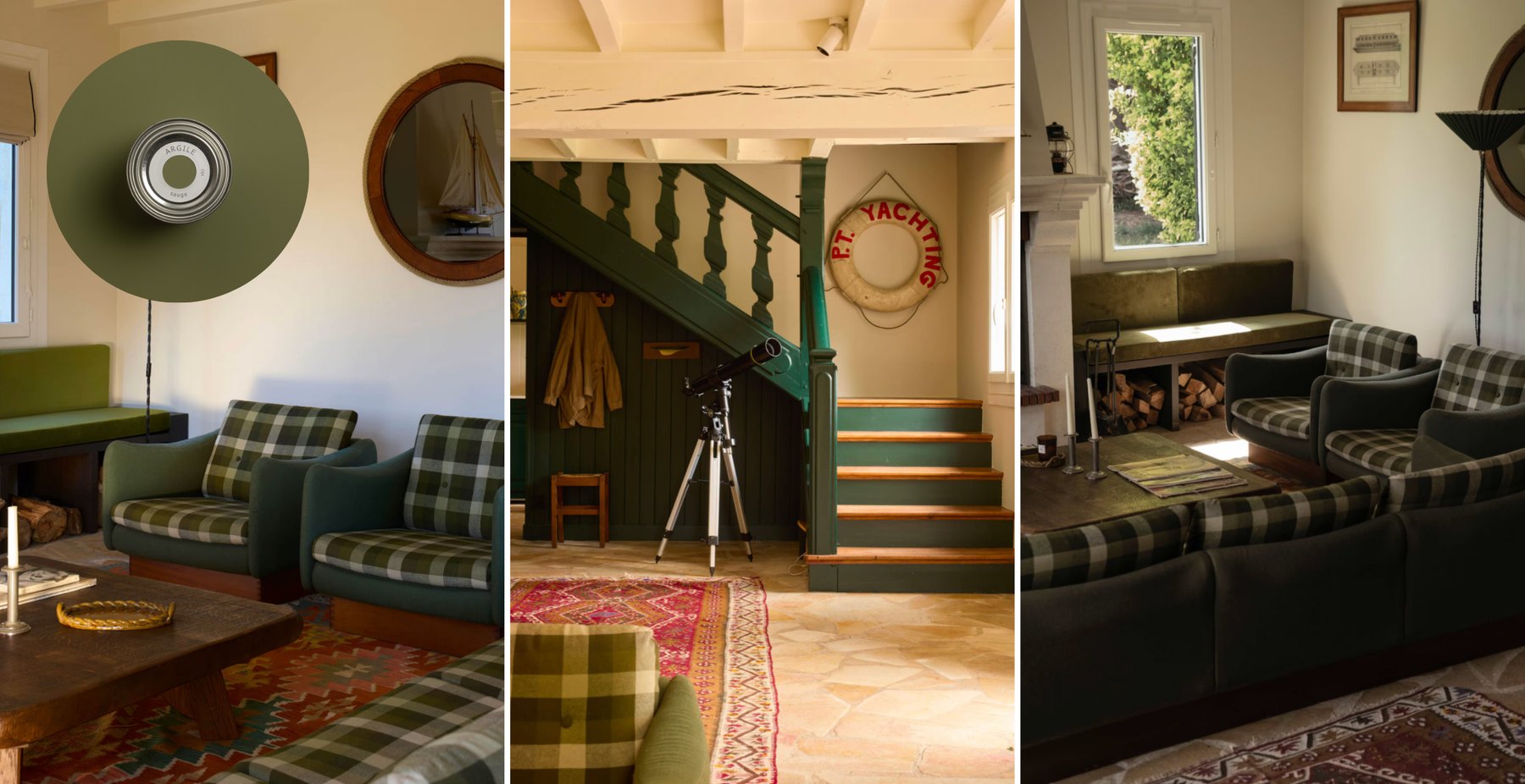 Pastille de peinture vert Sauge, salon aux fauteuils écossais verts et escalier en bois d'une chaumière normande