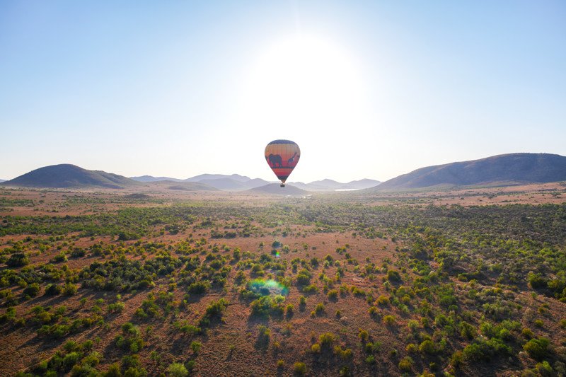 Montgolfière au-dessus de la savane du parc national de Pilanesberg, Afrique du Sud